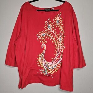 Bob Mackie Womens 3X Red Floral Peacock Top 3/4 Sleeve Shirt EUC Artsy Stretch